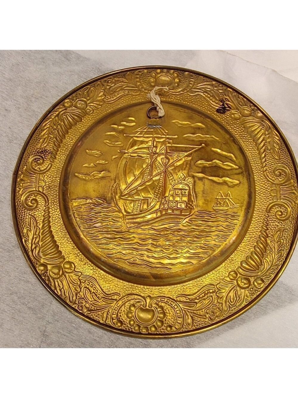 Vintage Metal Brass 14” Tin Wall Hanging Ship Plate - Picture 2 of 5